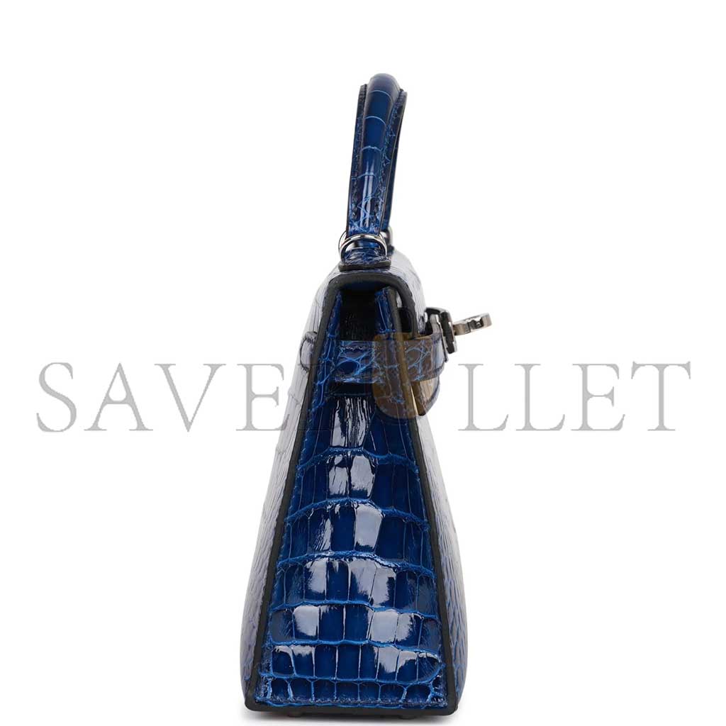 HERMÈS MASTER MINI KELLY II SELLIER BLEU SAPHIR SHINY ALLIGATOR PALLADIUM HARDWARE (19*12*5.5cm)